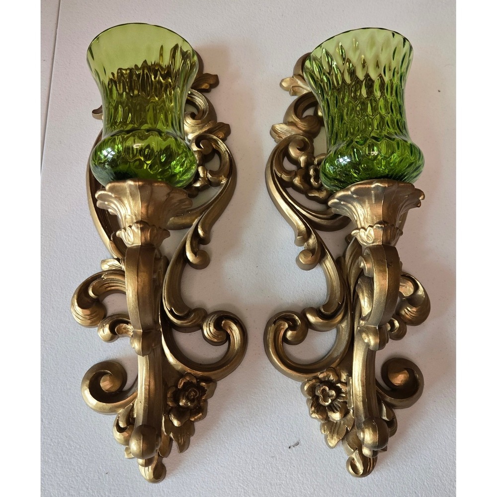 Vintage 1971 HOMCO 4119 Wall Sconces Pair Green Glass Gold Hollywood Regency